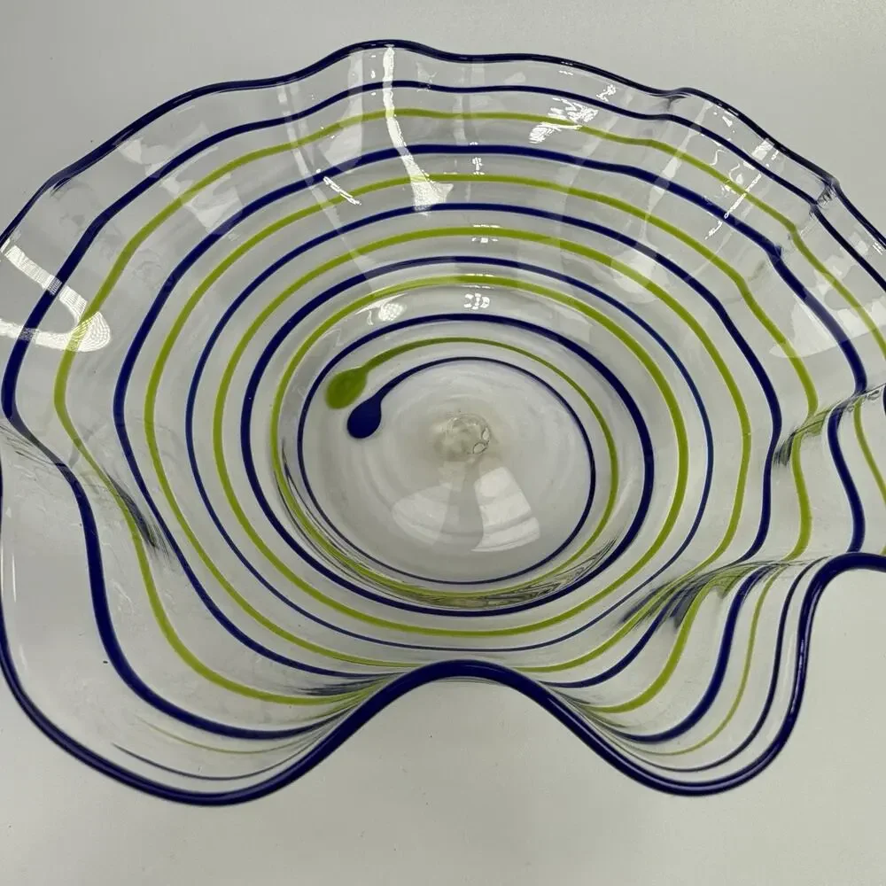 Blue Green Stripe Swirl Blown Art Glass Fluted Bowl 2.5 x 7.5